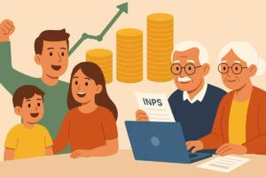 Famiglia che esulta, monete e grafico rialzista