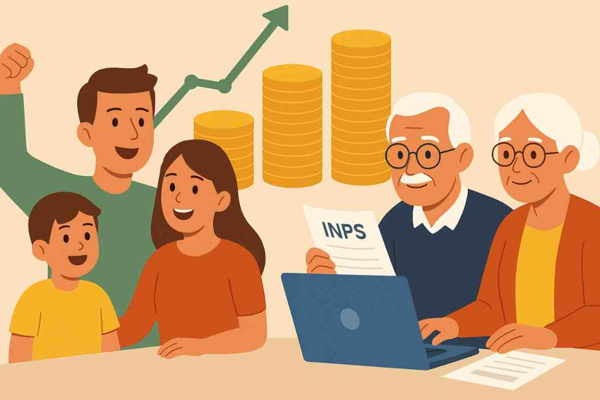 Famiglia che esulta, monete e grafico rialzista