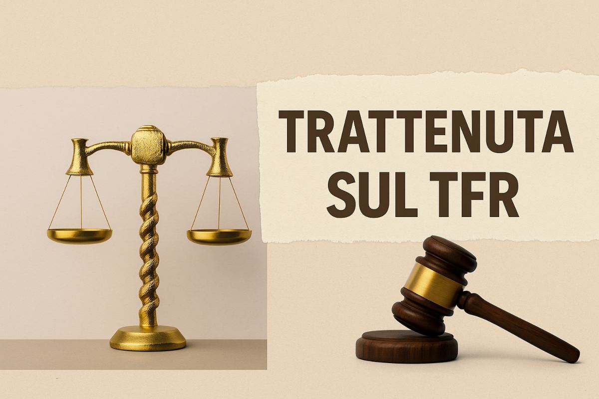 Elementi giuridici: bilancia e martello. Scritta "trattenuta su TFR"
