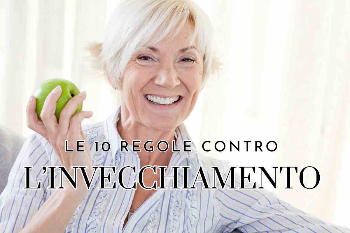 Donna anziana che sorride e scritta 'Le 10 regole contro l'invecchiamento'