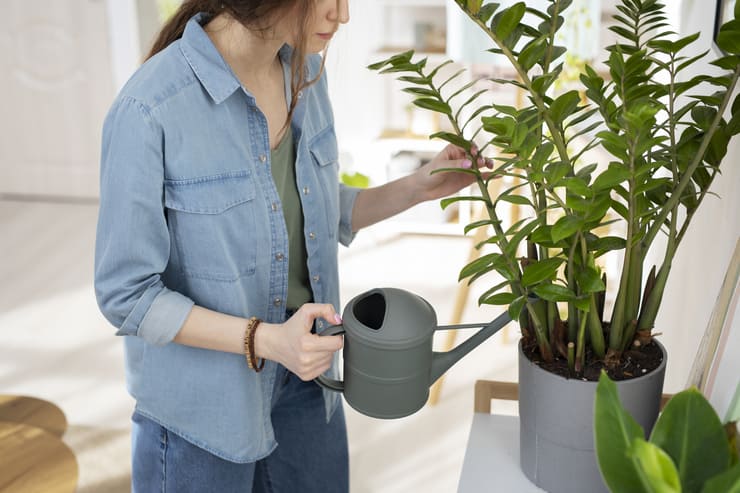 Donna che annaffia il vaso di una pianta
