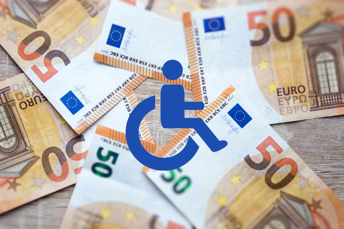 Banconote da 50€ e logo invalidità in primo piano