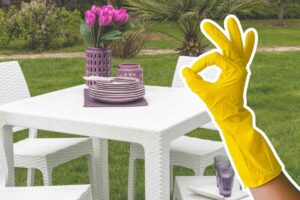 giardino tavolo con sedie e mano con guanto gesto ok